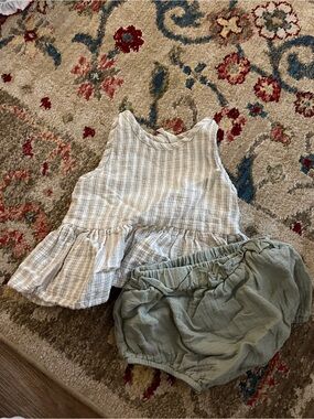 Quincy Mae Neutral Striped Peplum Top with Sage Bloomers